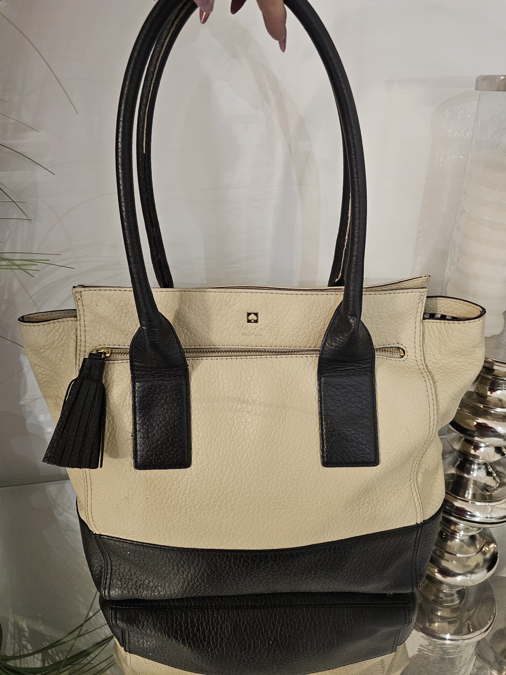 kate spade Cream and Black Leather Two-Tone Tote